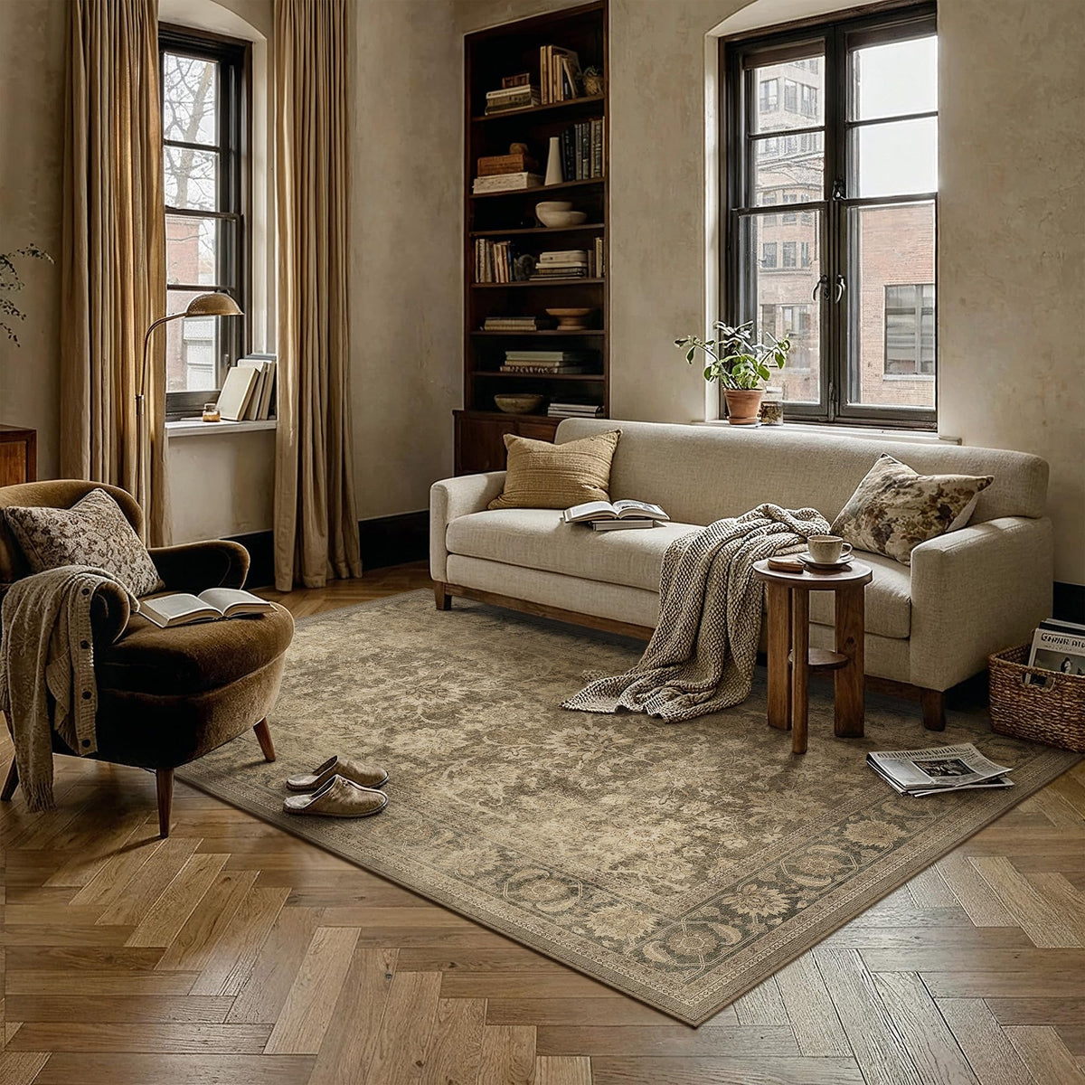 PureCozy 5x7 Beige Area Rug for Living Room Vintage Distressed