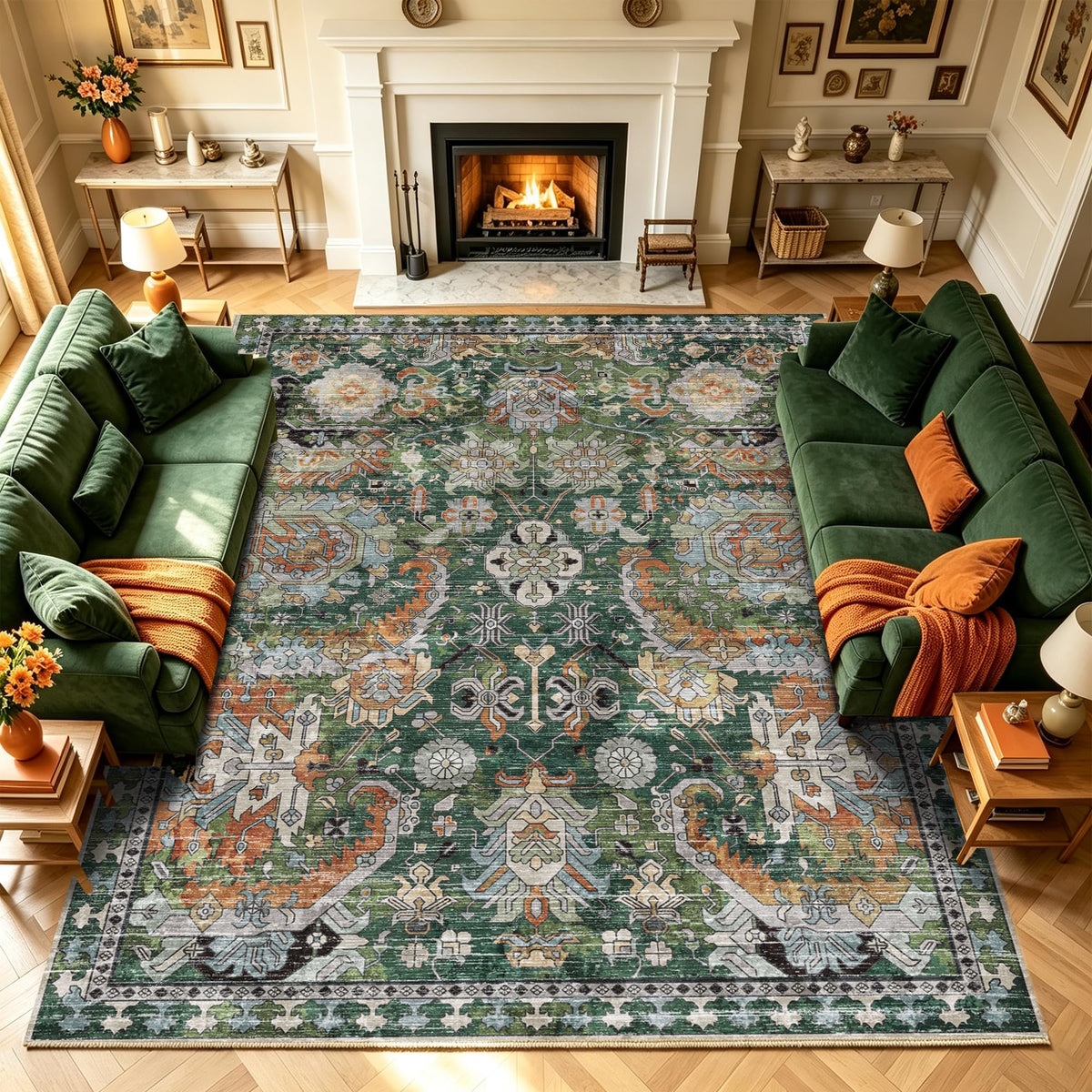 RUGSURE Washable Area Rug - 1/6 Thick - Stain & Water Resistant Non-Slip - Resistant Rug for Living Room, Bedroom, Nursery, Pet & Child Friendly, Vintage Charm Area Rugs (Grey+LightTeal, 3' x 5 ')