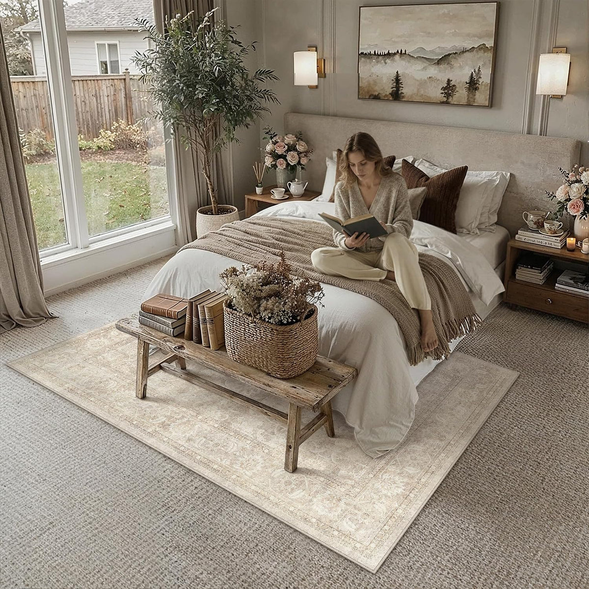 PureCozy 5x7 Beige Area Rug for Living Room Vintage Distressed