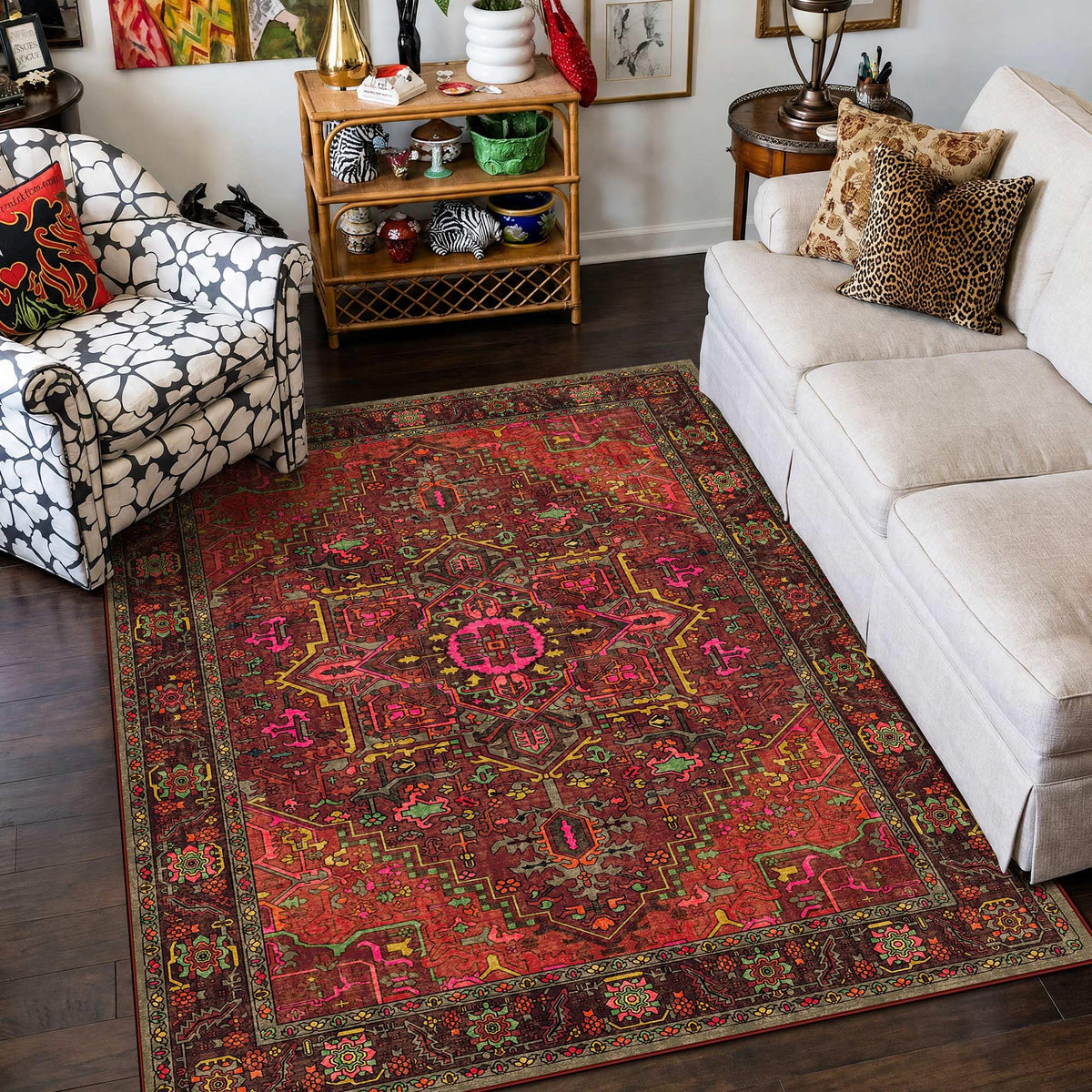 Kokia 9x12 Washable Area Rugs Maroon with Vintage Orient Design, Soft Rug for Living Room or Bedroom, Non-Slip Low Pile Stain Resistance Features, Distressed Medallion Pattern