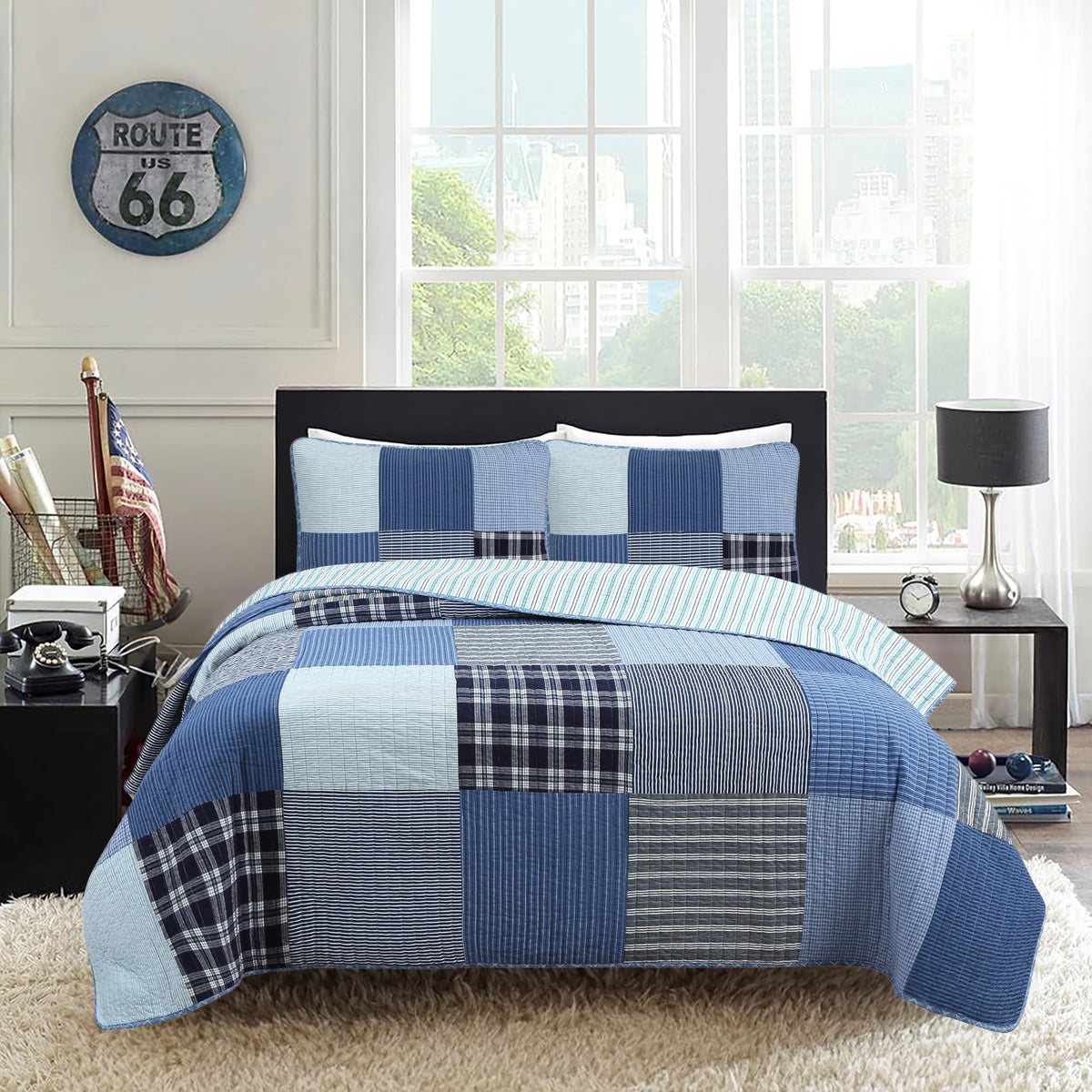 Cozy Line Home Fashions Benjamin Cute Dinosaur Plaid Navy Blue White Grey Bedding Quilt Set 100% Cotton Reversible Coverlet Bedspread Set for Kids Boy(Twin - 2 piece)