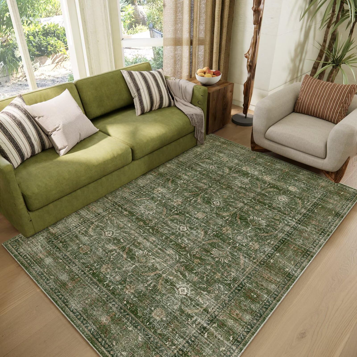 Washable 10x14 Area Rugs for Living Room, Ivory/Sage Gold