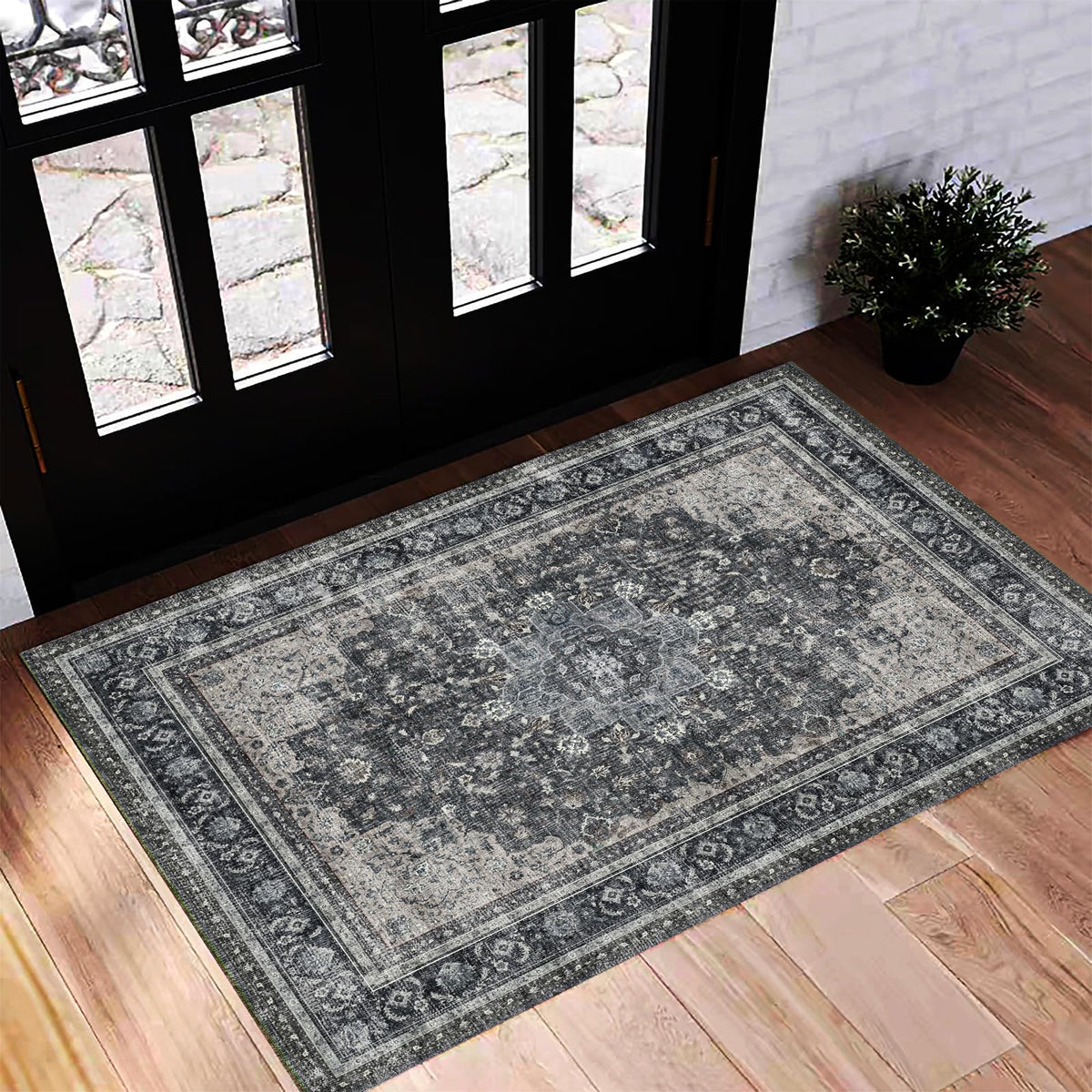 CHAMPLANT Area Rug 4x6 Washable Rug Gray Vintage Traditional Floor Cover Foldable Thin Retro Accent Indoor Distressed Non Slip Carpet Floral Print Mat Bedroom Living Room Bathroom
