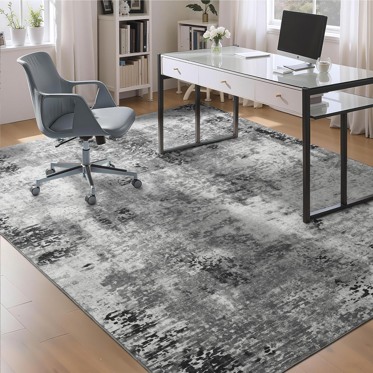 Living Room Rug 5x7 Gray Area Rug Machine Washable Boho Rug Non Slip Abstract Vintage Indoor Large Rugs for Bedroom, Classroom, College Dorm, Farmhouse, Dining Room, Kids Playroom