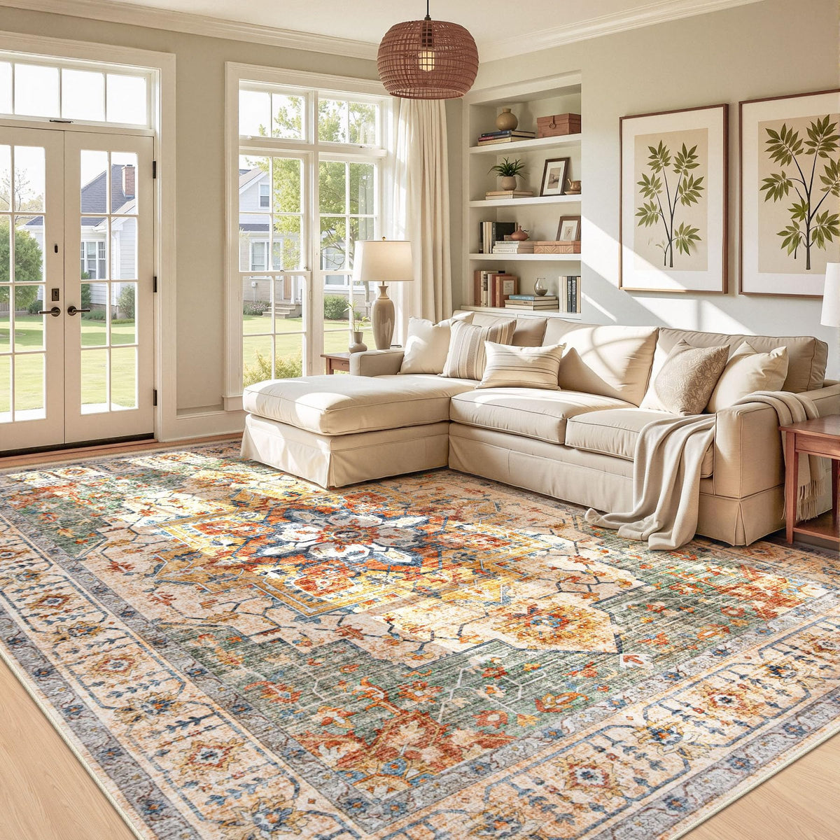Area Rug 5x7 Vintage Rug: Washable Indoor Medallion Rugs Low Pile Distressed Floor Carpet Retro Accent Rug for Living Room Bedroom Kitchen Dining Table Home Office(Beige, 5'x7')
