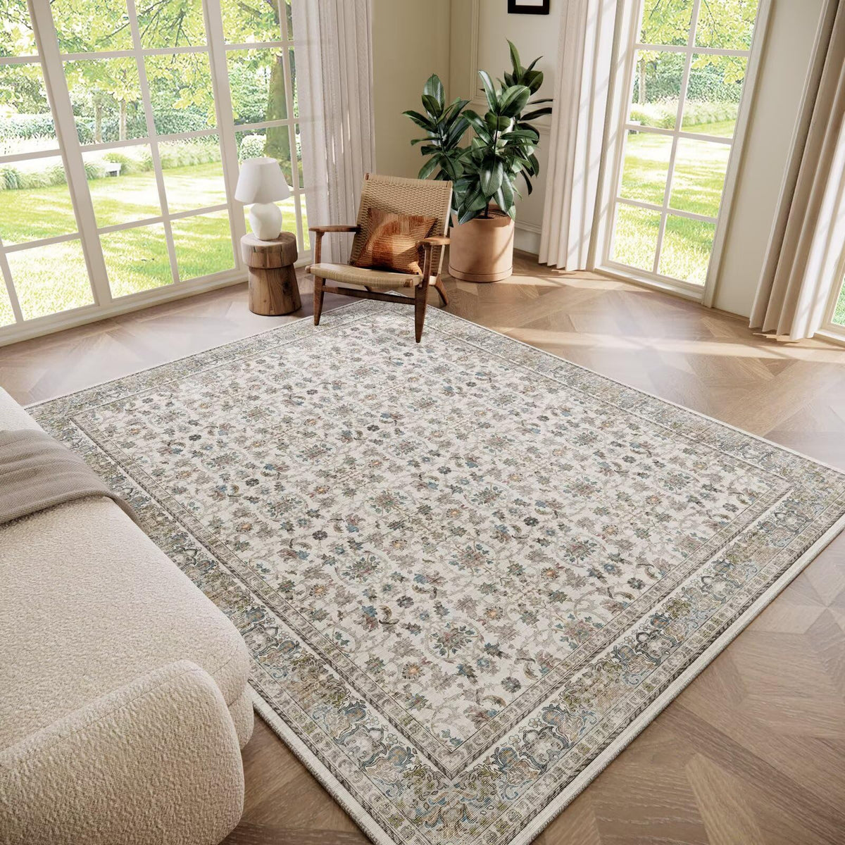 Washable 10x14 Area Rugs for Living Room, Ivory/Sage Gold