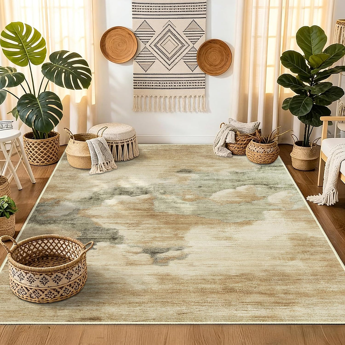 Beige Rug 3x5 Washable Area Rugs for Bedroom Living Room Kitchen Entryway Bedside,Small Modern Marble Abstract Non Slip Carpet