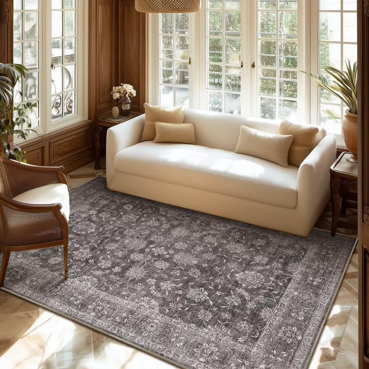 Washable 10x14 Area Rugs for Living Room, Ivory/Sage Gold