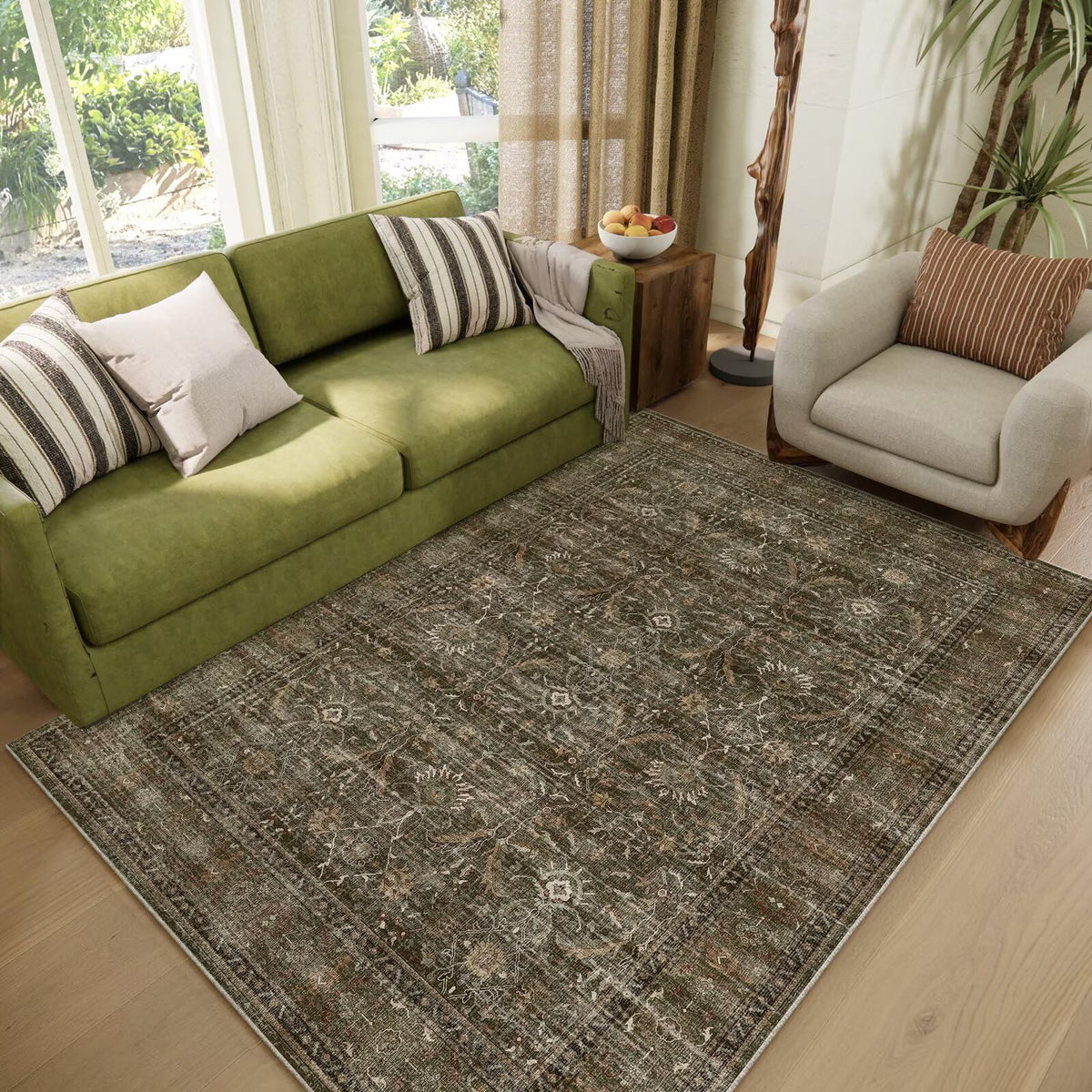 Washable 10x14 Area Rugs for Living Room, Ivory/Sage Gold