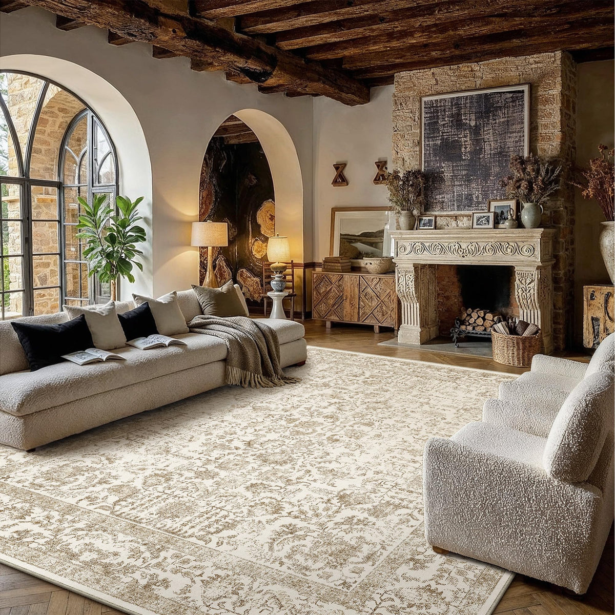 PureCozy Beige Area Rug 5x7 Vintage Farmhouse Floral