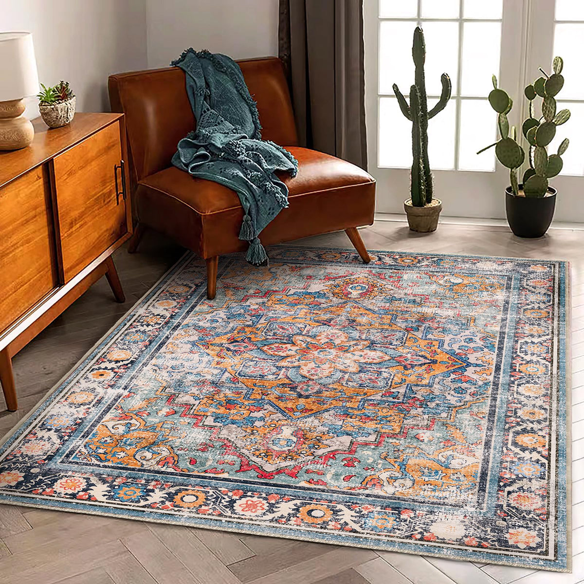 CHAMPLANT Area Rug 4x6 Washable Rug Gray Vintage Traditional Floor Cover Foldable Thin Retro Accent Indoor Distressed Non Slip Carpet Floral Print Mat Bedroom Living Room Bathroom