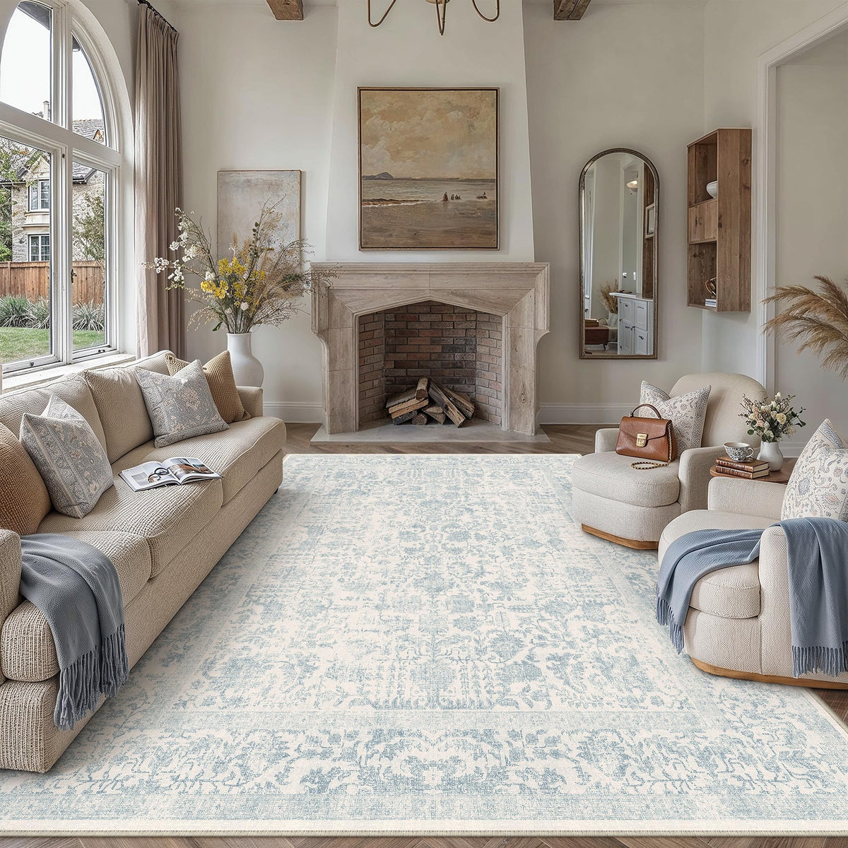 PureCozy Beige Area Rug 5x7 Vintage Farmhouse Floral