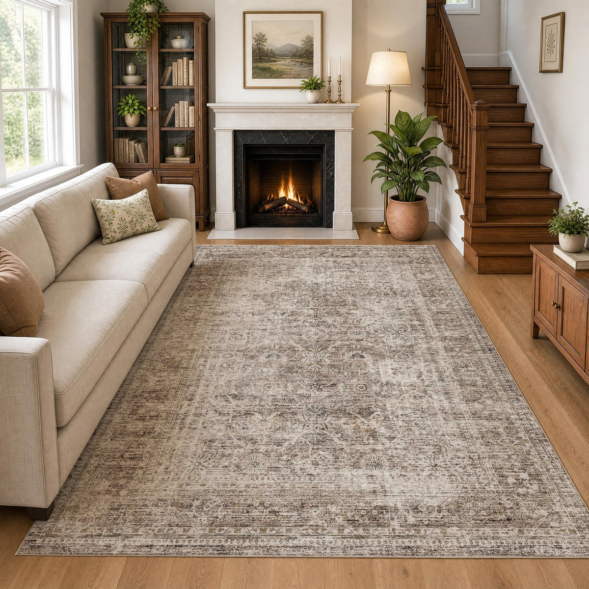 FMFUNCTEX 5x7 Washable Beige Neutral Vintage Retro Area Rug for Living Room
