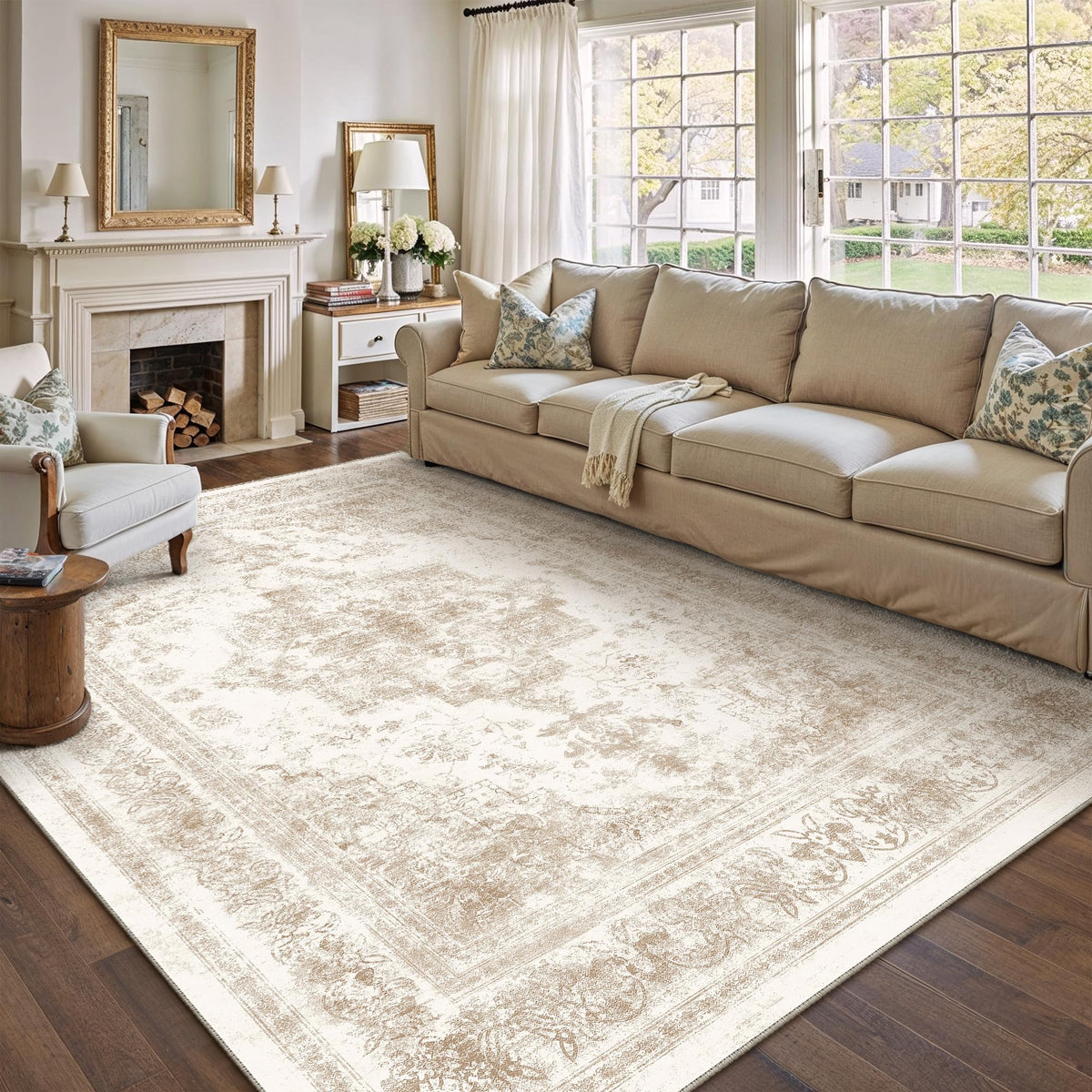 PureCozy Beige Area Rug 5x7 Vintage Farmhouse Floral