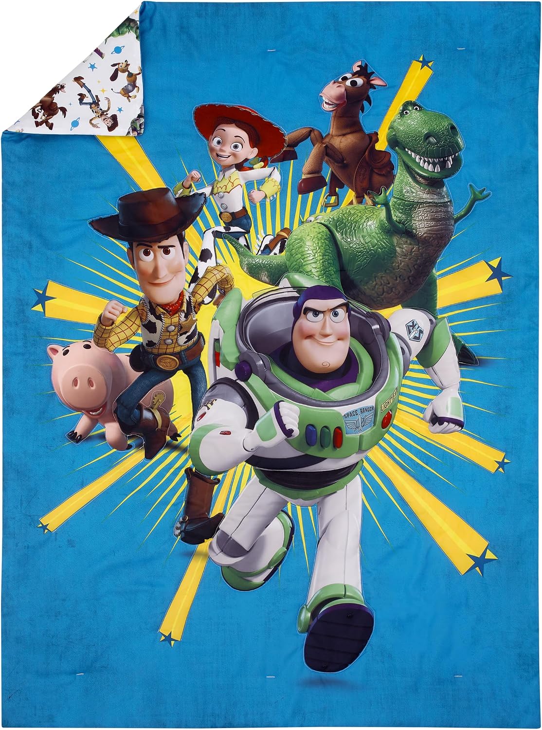NoJo Disney Toy Story Taking Action Blue, Green and Yellow 4 Piece Toddler Bed Set - Comforter, Fitted Bottom Sheet, Flat Top Sheet, and Reversible Pillowcase