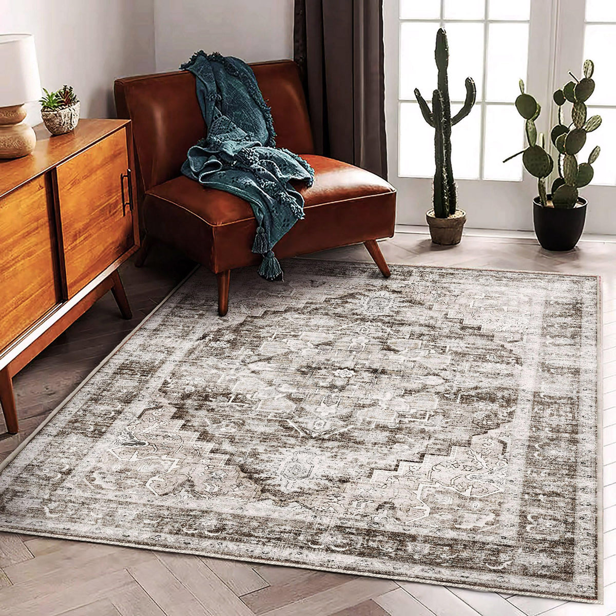 CHAMPLANT Area Rug 4x6 Washable Rug Gray Vintage Traditional Floor Cover Foldable Thin Retro Accent Indoor Distressed Non Slip Carpet Floral Print Mat Bedroom Living Room Bathroom