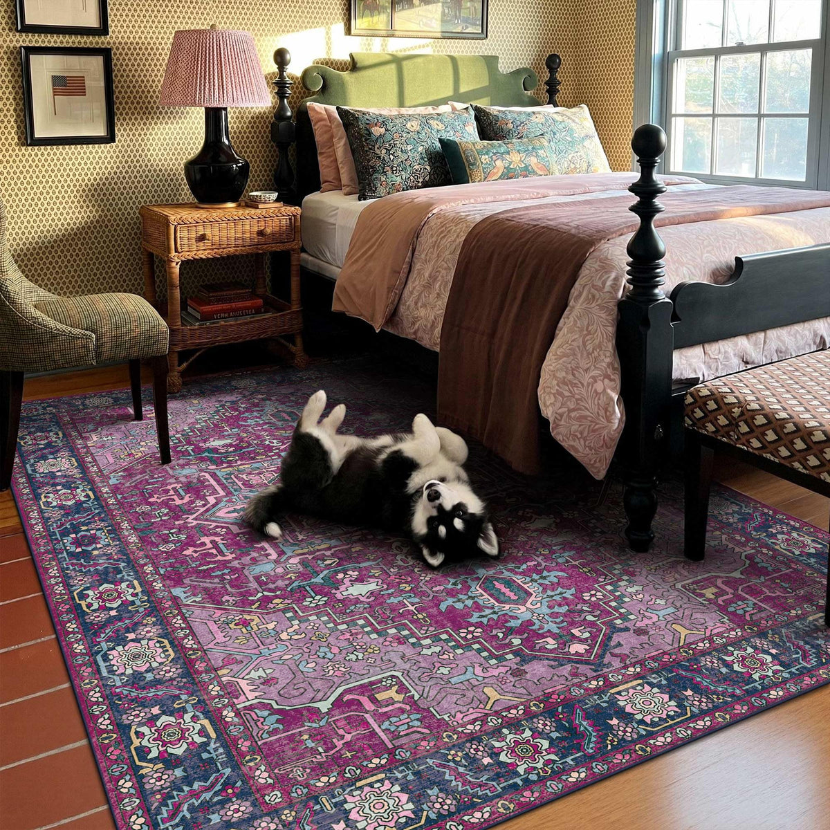 Kokia 9x12 Washable Area Rugs Maroon with Vintage Orient Design, Soft Rug for Living Room or Bedroom, Non-Slip Low Pile Stain Resistance Features, Distressed Medallion Pattern