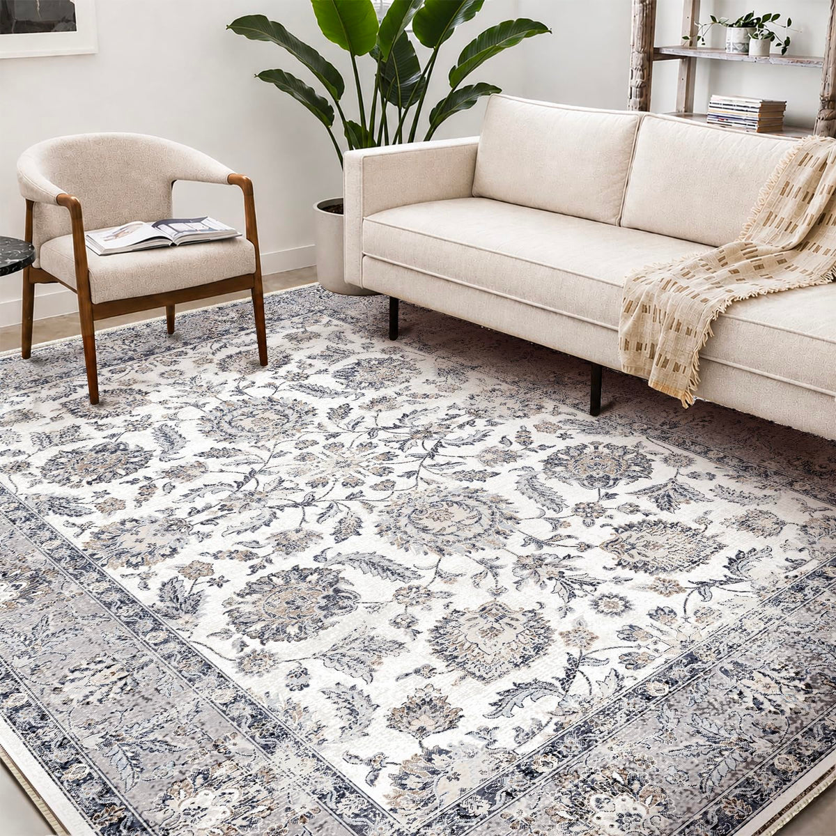 CHAMPLANT Area Rug 4x6 Washable Rug Gray Vintage Traditional Floor Cover Foldable Thin Retro Accent Indoor Distressed Non Slip Carpet Floral Print Mat Bedroom Living Room Bathroom