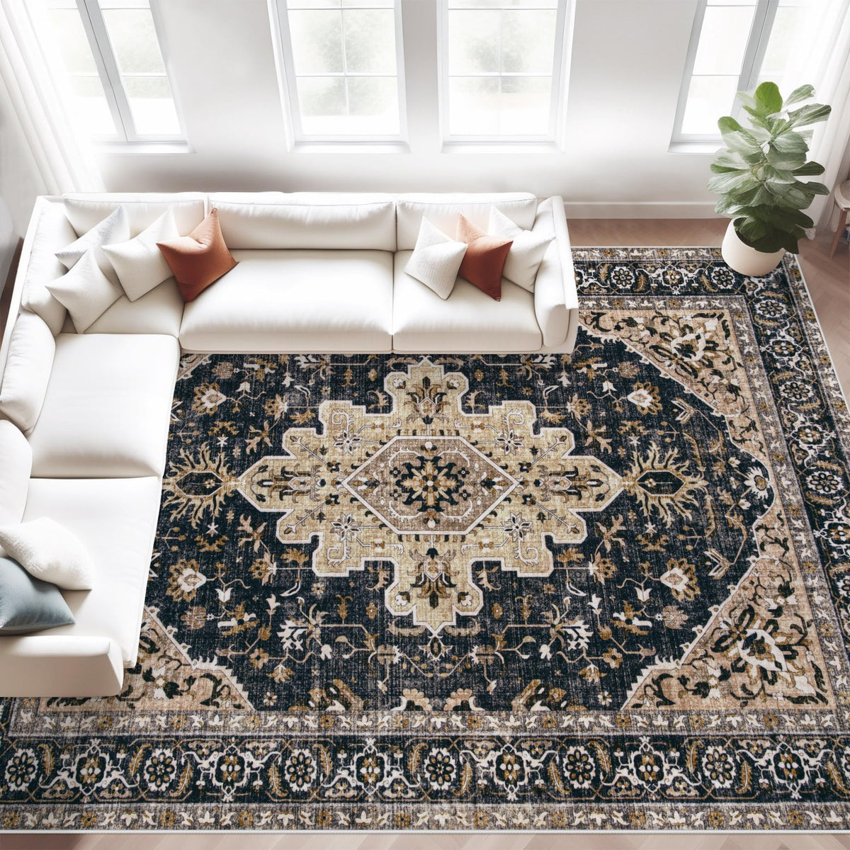 Area Rug 5x7 Vintage Rugs: Washable Living Room Rug Retro Medallion Distressed Large Rug Soft Low Pile Non-Slip Rugs Indoor Floor Carpet for Bedroom Kitchen Nursery Dining Table Office (Beige/Brown)
