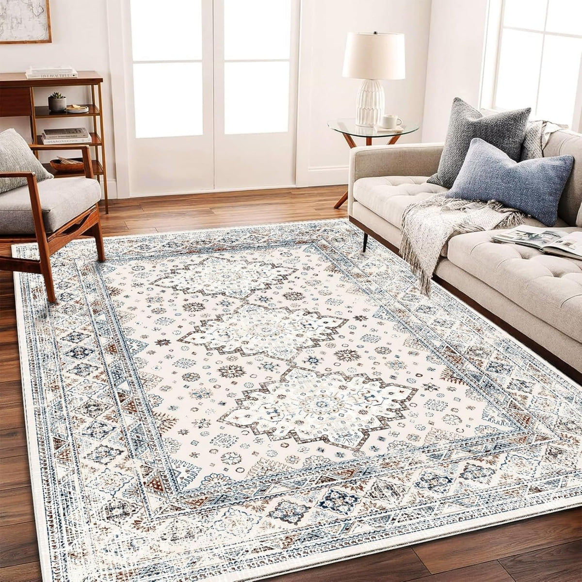 CHAMPLANT Area Rug 4x6 Washable Rug Gray Vintage Traditional Floor Cover Foldable Thin Retro Accent Indoor Distressed Non Slip Carpet Floral Print Mat Bedroom Living Room Bathroom