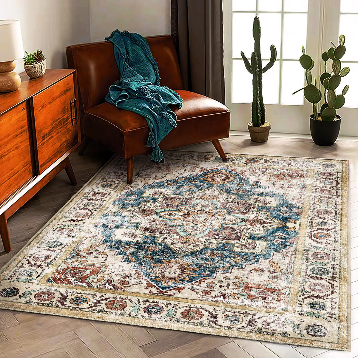 CHAMPLANT Area Rug 4x6 Washable Rug Gray Vintage Traditional Floor Cover Foldable Thin Retro Accent Indoor Distressed Non Slip Carpet Floral Print Mat Bedroom Living Room Bathroom