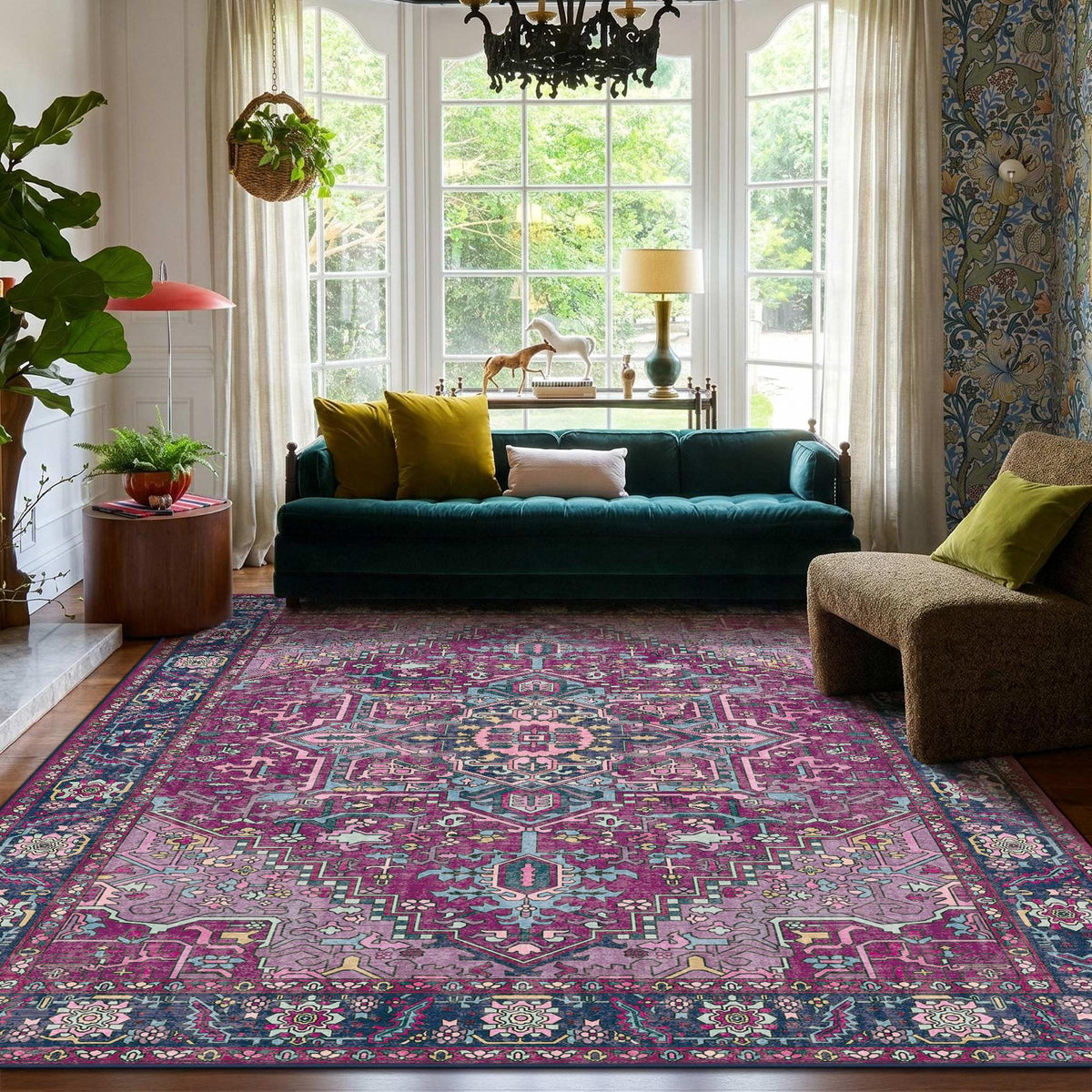 Kokia 9x12 Washable Area Rugs Maroon with Vintage Orient Design, Soft Rug for Living Room or Bedroom, Non-Slip Low Pile Stain Resistance Features, Distressed Medallion Pattern