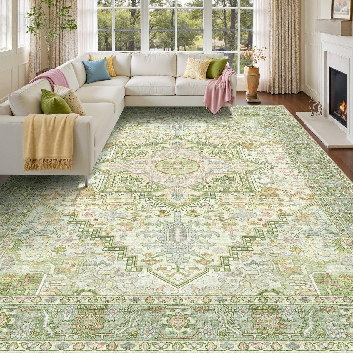 Kokia 9x12 Washable Area Rugs Maroon with Vintage Orient Design, Soft Rug for Living Room or Bedroom, Non-Slip Low Pile Stain Resistance Features, Distressed Medallion Pattern