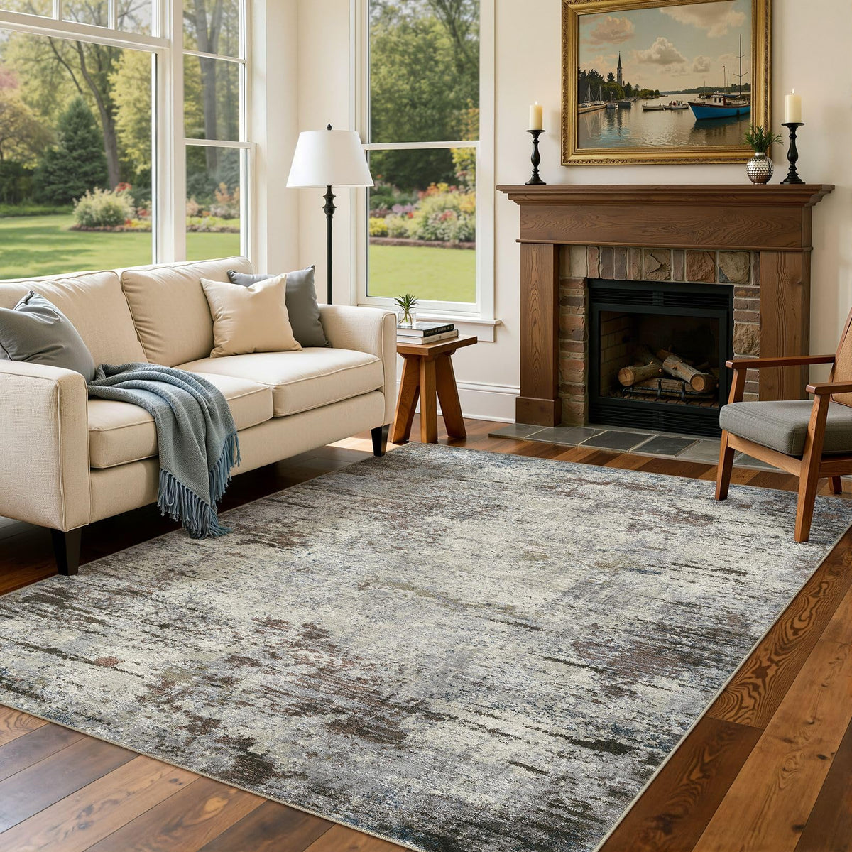 DMOYEST Area Rug Living Room Rugs 5x7 Washable Abstract Beige Blue Carpet