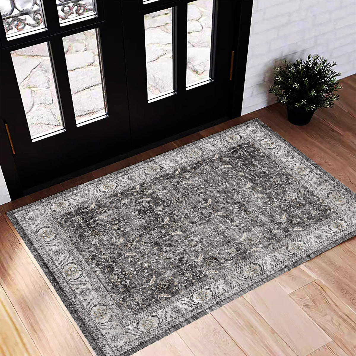 CHAMPLANT Area Rug 4x6 Washable Rug Gray Vintage Traditional Floor Cover Foldable Thin Retro Accent Indoor Distressed Non Slip Carpet Floral Print Mat Bedroom Living Room Bathroom