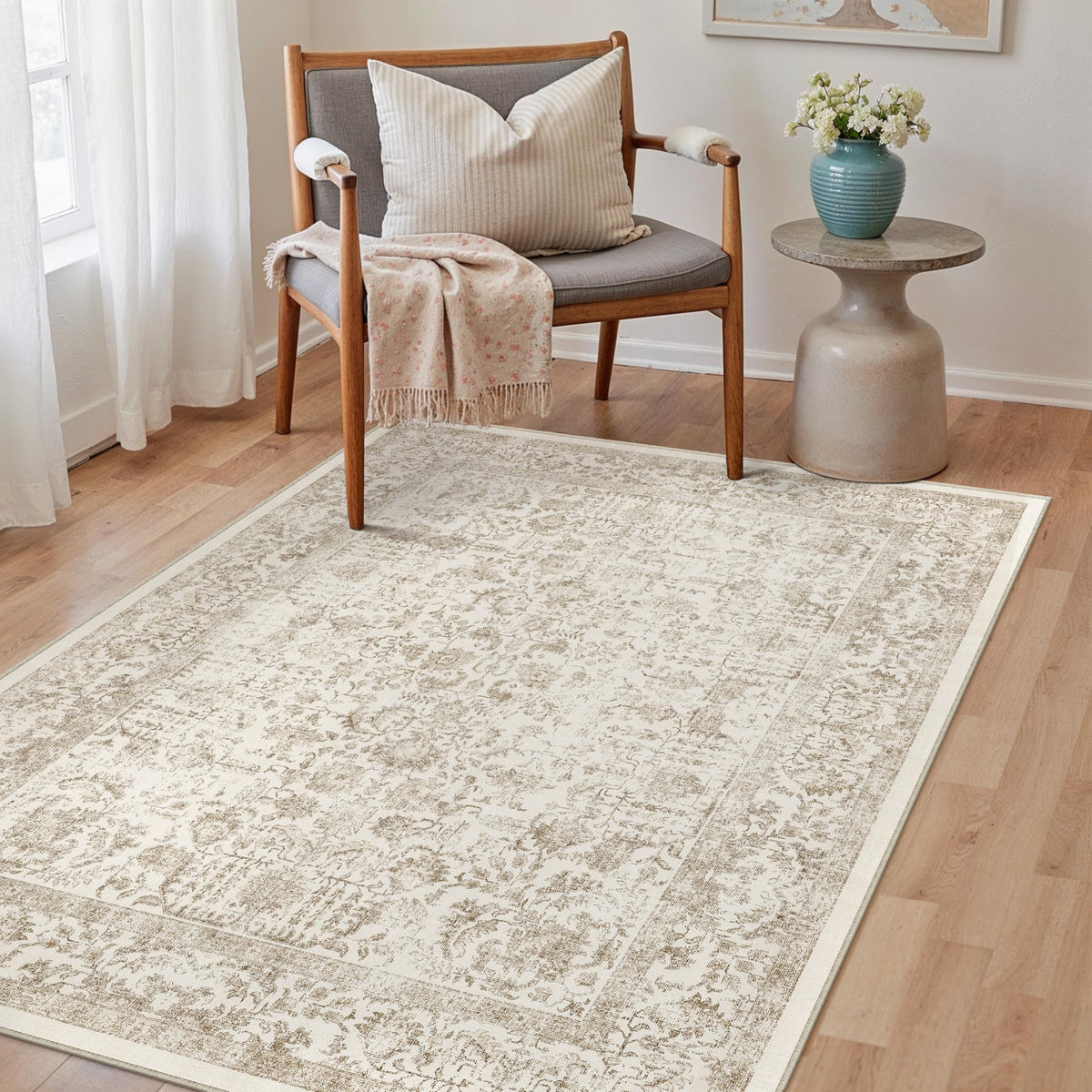 PureCozy Beige Area Rug 5x7 Vintage Farmhouse Floral