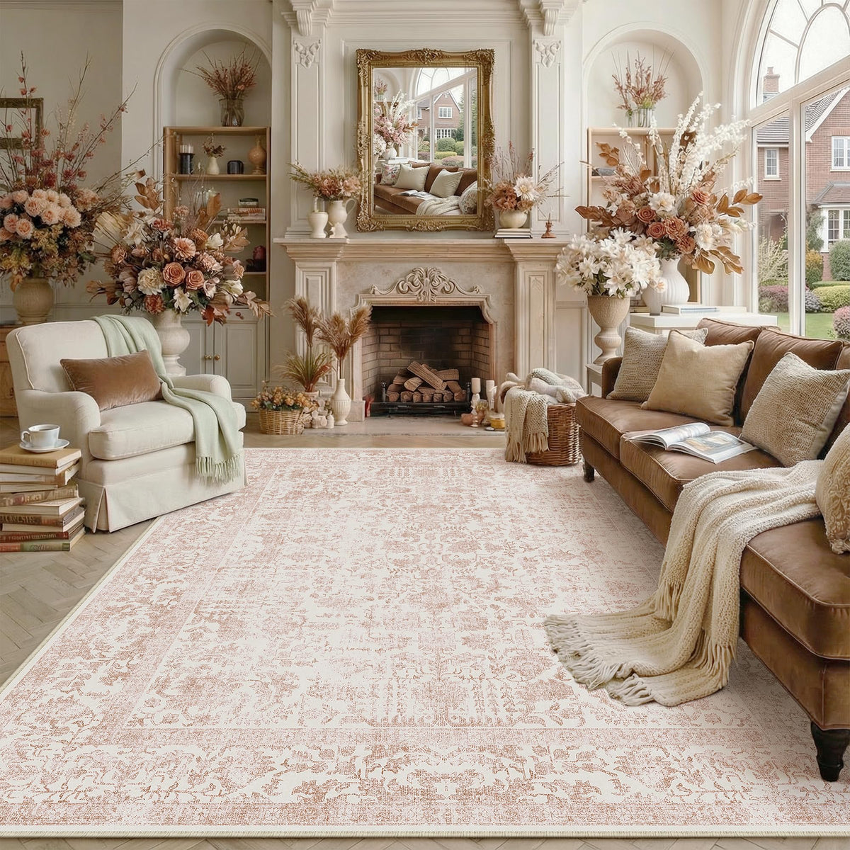 PureCozy Beige Area Rug 5x7 Vintage Farmhouse Floral