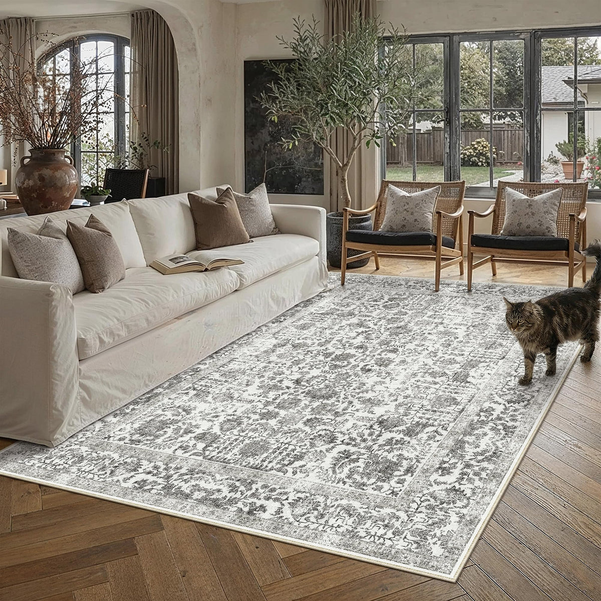 PureCozy Beige Area Rug 5x7 Vintage Farmhouse Floral