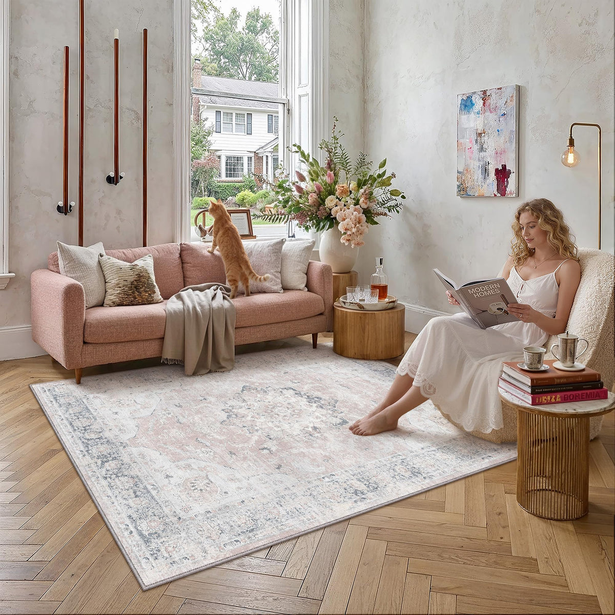 PureCozy 5x7 Beige Area Rug for Living Room Vintage Distressed
