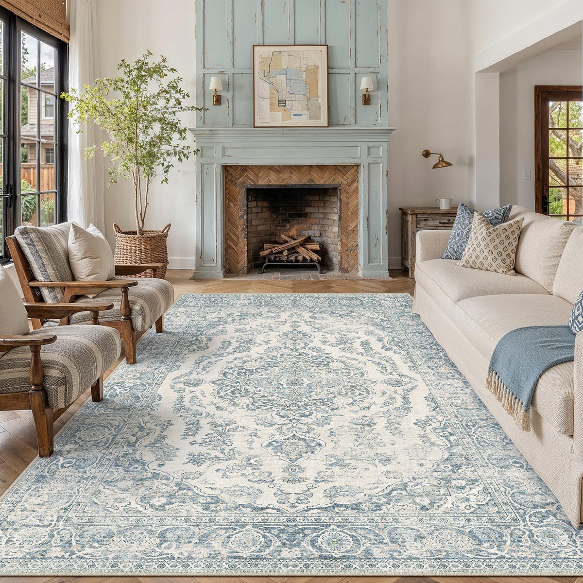 PureCozy 5x7 Beige Area Rug for Living Room Vintage Distressed