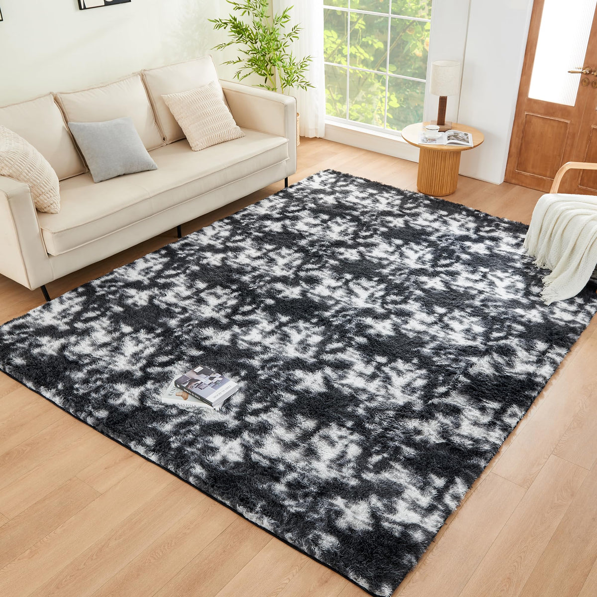 Litanika 4x6 Shag Area Rug for Bedroom, Tie-Dyed Beige Plush Rug