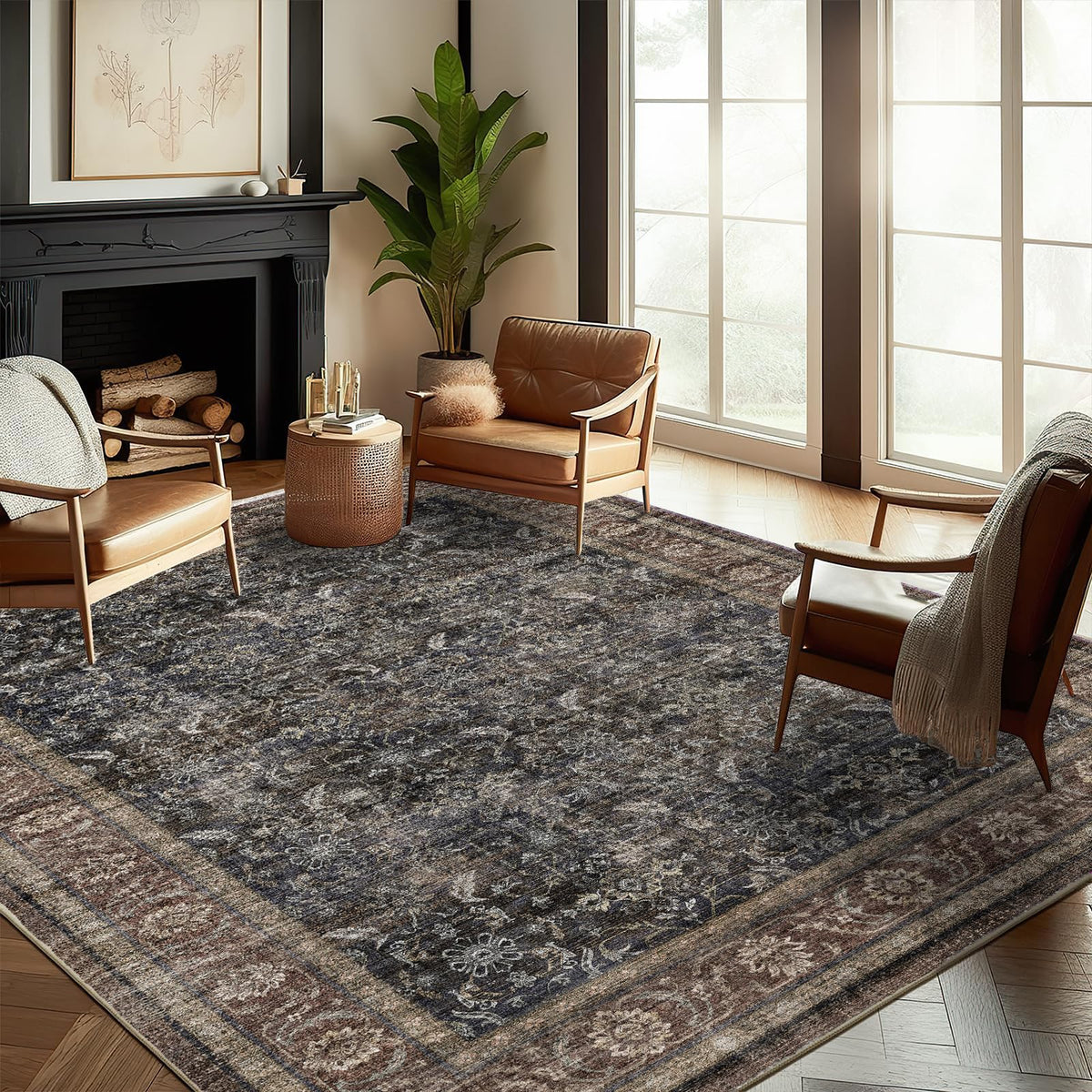 CHAMPLANT Area Rug 4x6 Washable Rug Gray Vintage Traditional Floor Cover Foldable Thin Retro Accent Indoor Distressed Non Slip Carpet Floral Print Mat Bedroom Living Room Bathroom