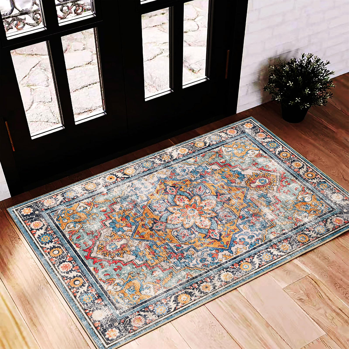 CHAMPLANT Area Rug 4x6 Washable Rug Gray Vintage Traditional Floor Cover Foldable Thin Retro Accent Indoor Distressed Non Slip Carpet Floral Print Mat Bedroom Living Room Bathroom