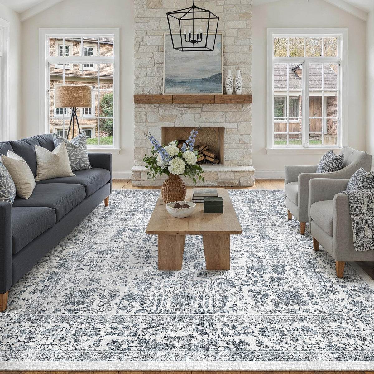 PureCozy Beige Area Rug 5x7 Vintage Farmhouse Floral