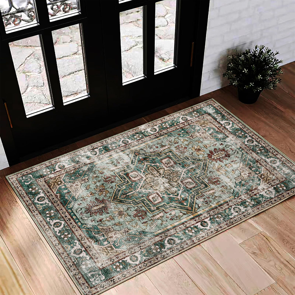 CHAMPLANT Area Rug 4x6 Washable Rug Gray Vintage Traditional Floor Cover Foldable Thin Retro Accent Indoor Distressed Non Slip Carpet Floral Print Mat Bedroom Living Room Bathroom