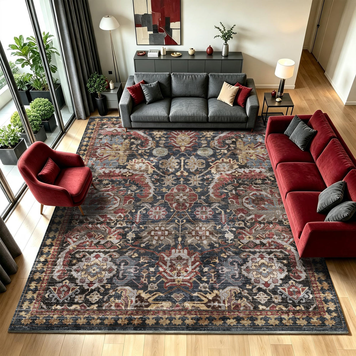 RUGSURE Washable Area Rug - 1/6 Thick - Stain & Water Resistant Non-Slip - Resistant Rug for Living Room, Bedroom, Nursery, Pet & Child Friendly, Vintage Charm Area Rugs (Grey+LightTeal, 3' x 5 ')