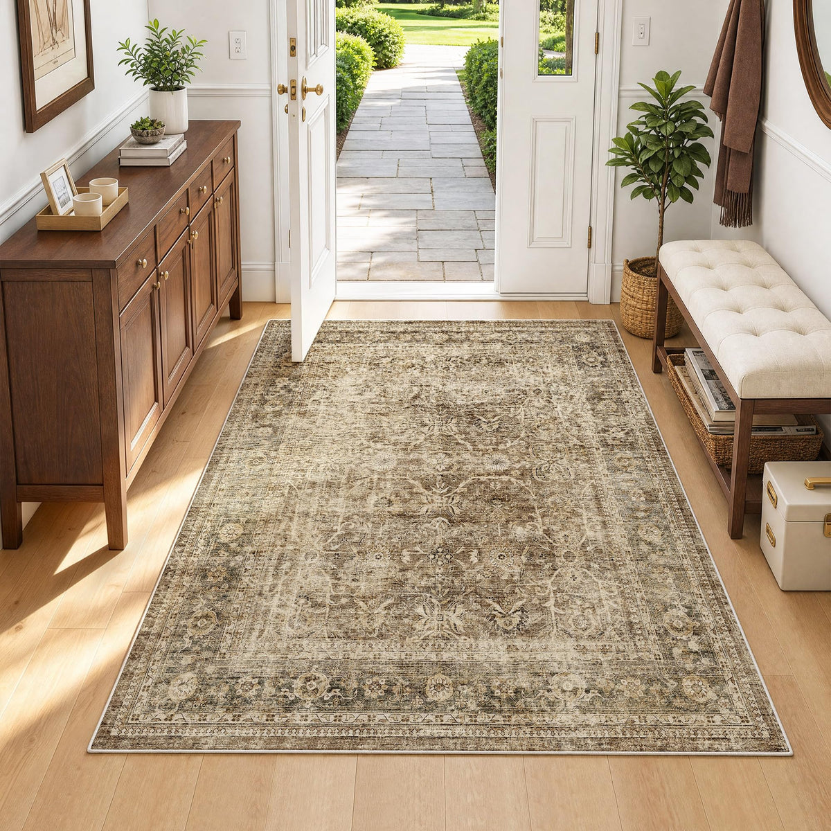 FMFUNCTEX 5x7 Washable Beige Neutral Vintage Retro Area Rug for Living Room