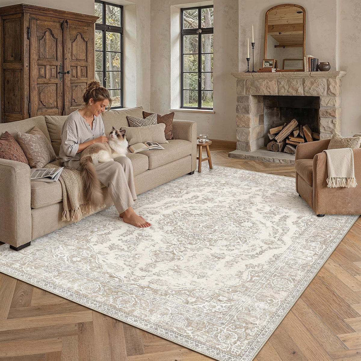 PureCozy 5x7 Beige Area Rug for Living Room Vintage Distressed