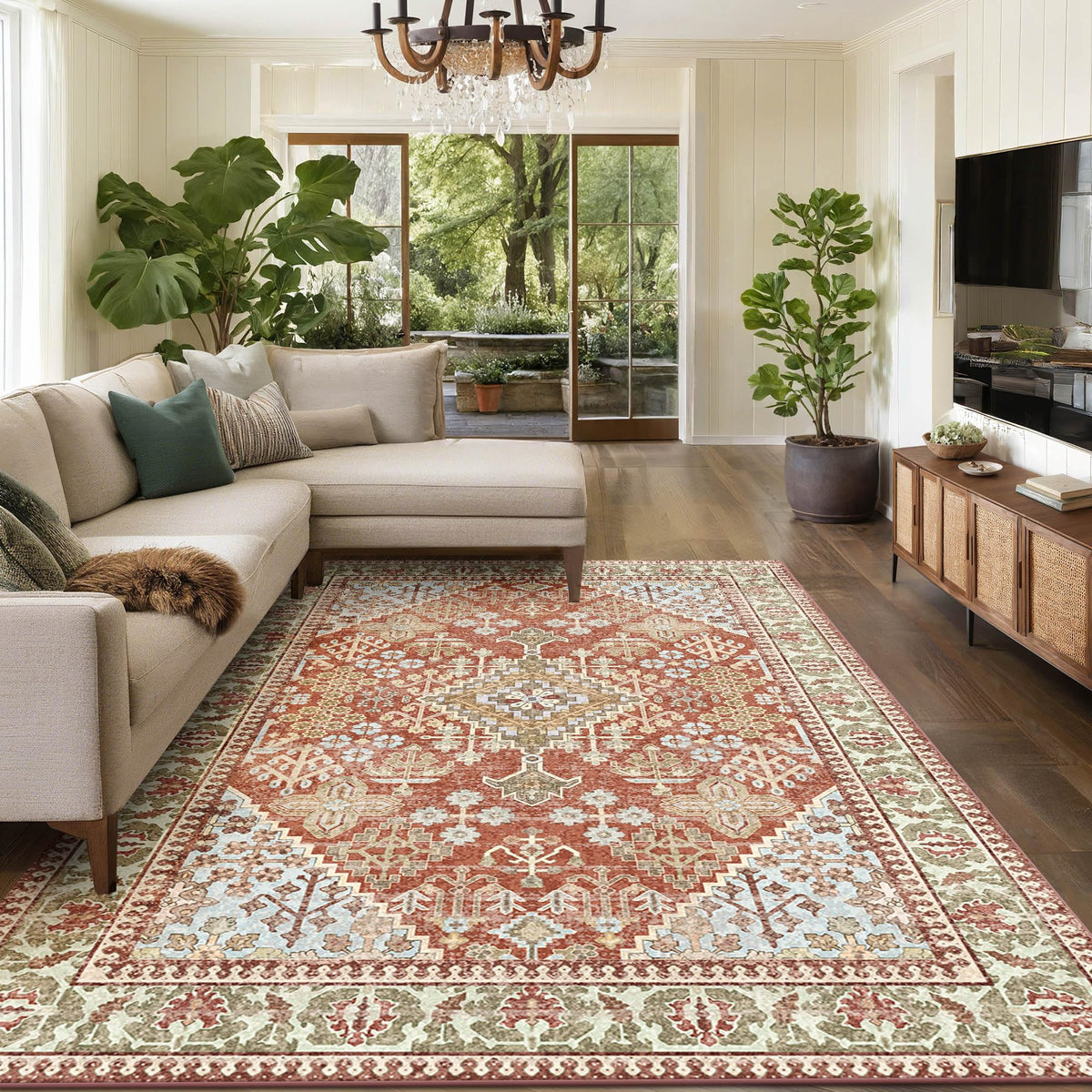 Kokia 9x12 Washable Area Rugs Maroon with Vintage Orient Design, Soft Rug for Living Room or Bedroom, Non-Slip Low Pile Stain Resistance Features, Distressed Medallion Pattern