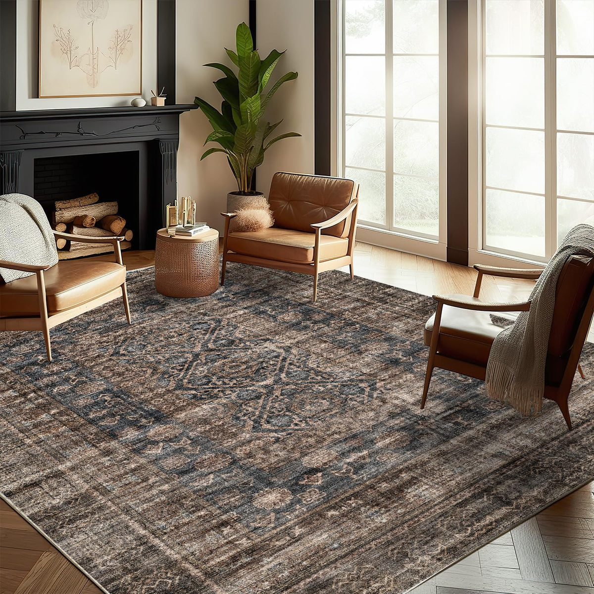 CHAMPLANT Area Rug 4x6 Washable Rug Gray Vintage Traditional Floor Cover Foldable Thin Retro Accent Indoor Distressed Non Slip Carpet Floral Print Mat Bedroom Living Room Bathroom