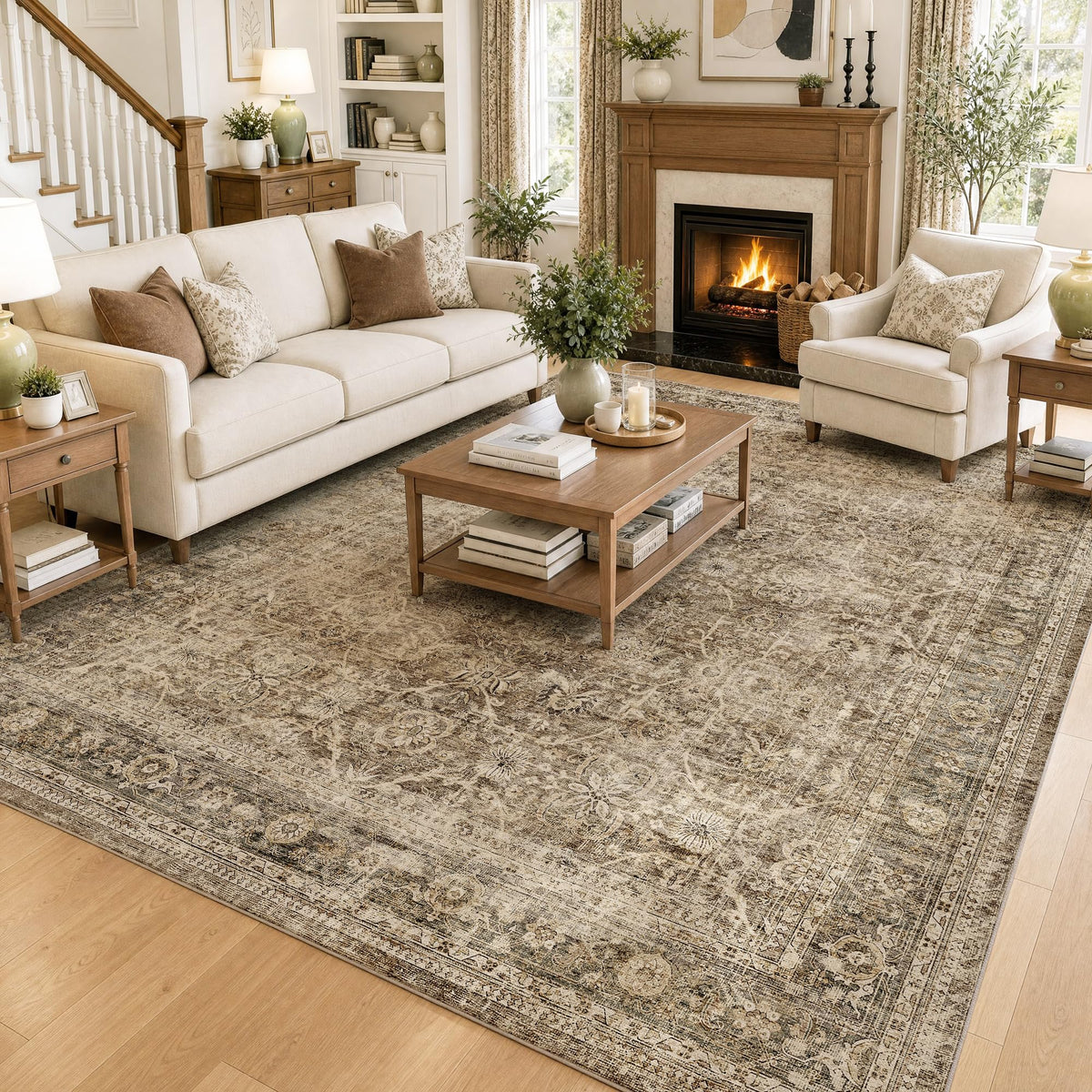 FMFUNCTEX 5x7 Washable Beige Neutral Vintage Retro Area Rug for Living Room