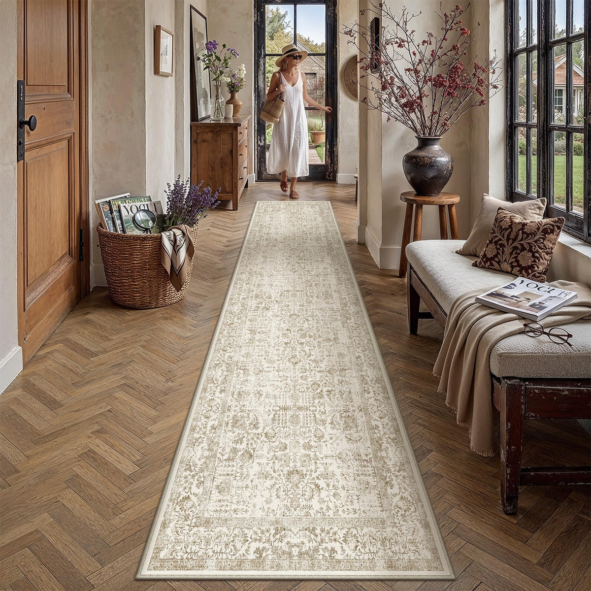 PureCozy Beige Area Rug 5x7 Vintage Farmhouse Floral