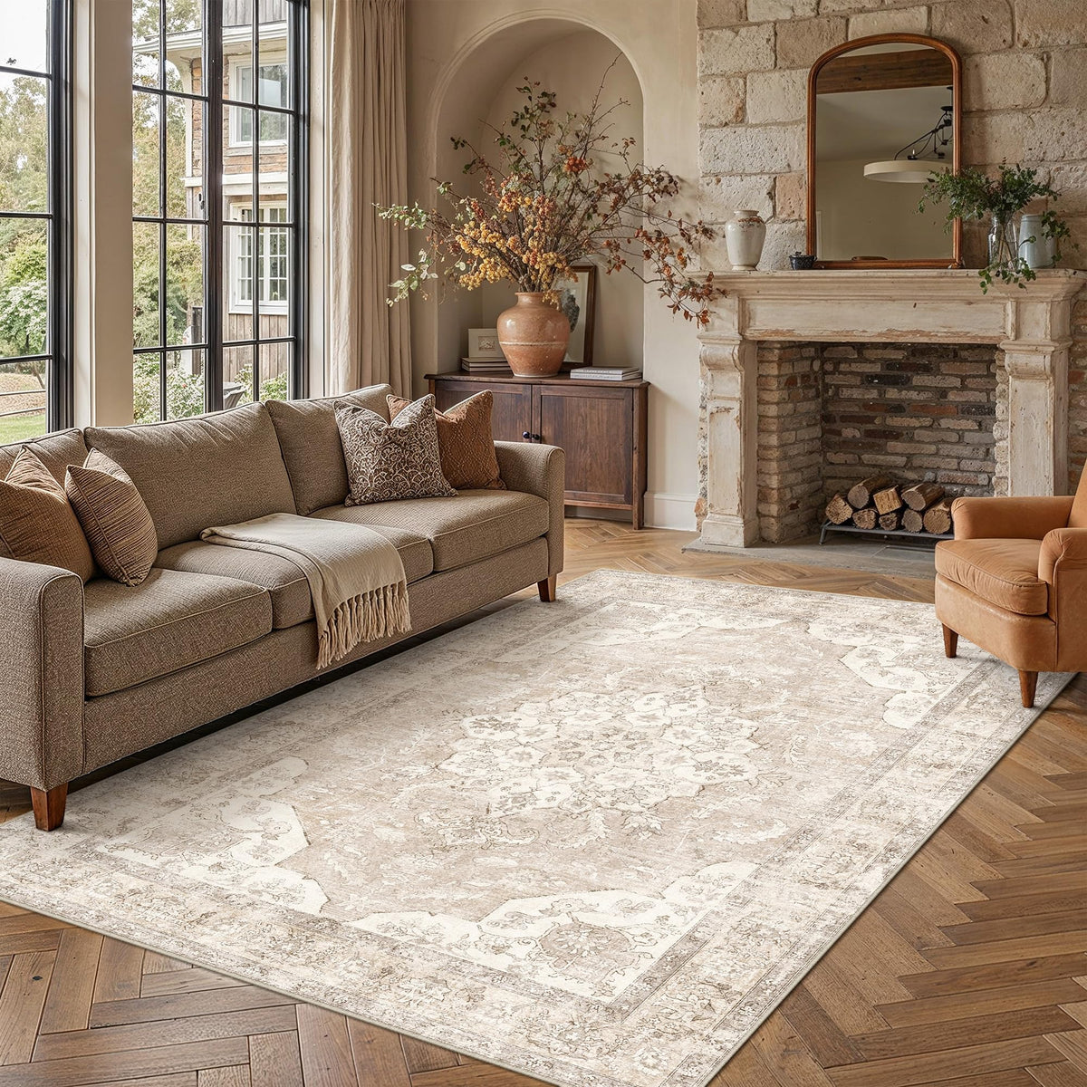 PureCozy 5x7 Beige Area Rug for Living Room Vintage Distressed