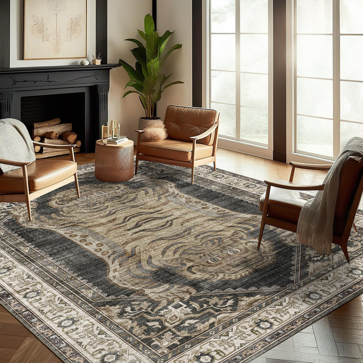 CHAMPLANT Area Rug 4x6 Washable Rug Gray Vintage Traditional Floor Cover Foldable Thin Retro Accent Indoor Distressed Non Slip Carpet Floral Print Mat Bedroom Living Room Bathroom