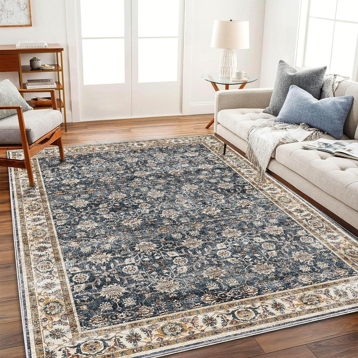 CHAMPLANT Area Rug 4x6 Washable Rug Gray Vintage Traditional Floor Cover Foldable Thin Retro Accent Indoor Distressed Non Slip Carpet Floral Print Mat Bedroom Living Room Bathroom
