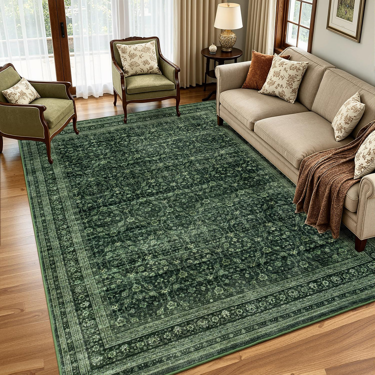 Sage Green 8x10 Area Rug for Living Room, Vintage Boho Large Carpet